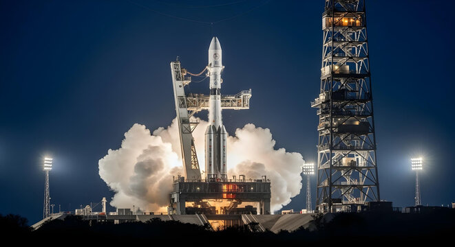 Low-angle wide shot of a rocket on a launchpad at night.