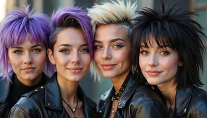 Four young women with dyed hair and punk style fashion smile confidently. Two wear purple hair, one blonde, one black. All sport black leather jackets, displaying rebellious spirit and unique style.