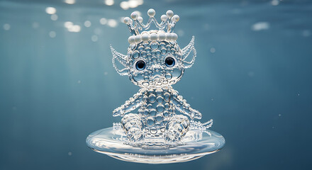 A detailed, close-up shot of a transparent, glass-like creature with a crown floating in water.