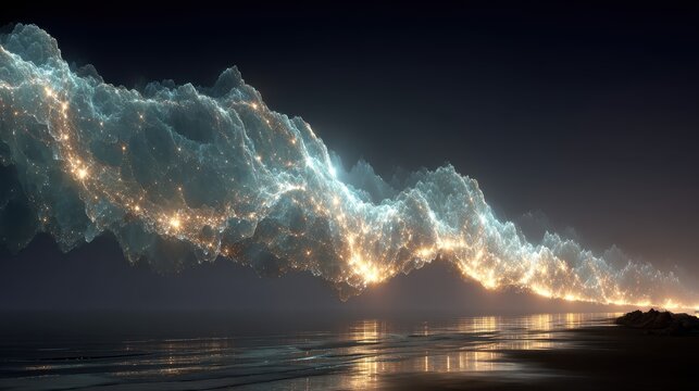 Ethereal neutrino trails painting fractal illuminations across the night sky, representing cosmic energy concepts.