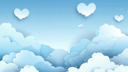 A digital of a fluffy blue cloud-filled sky with heart shapes floating in the clouds. - Powered by Adobe