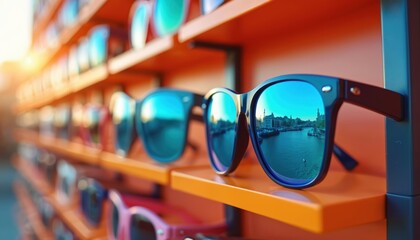 Close-up of stylish sunglasses on orange rack. Blue mirrored lenses reflect city canal buildings. Vibrant eyewear assortment for summer fashion, sun protection, and retail display.