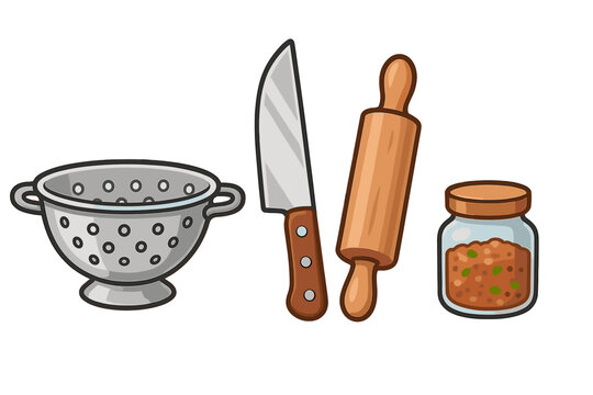 kitchen tools: colander, knife, rolling pin, jar clip art preview