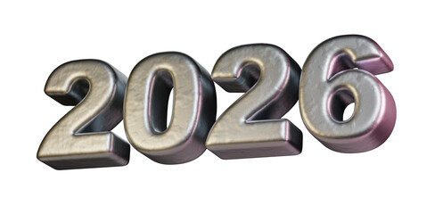 3D Metallic Text Rendering of Year 2026. isolated numbers