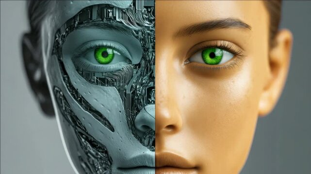 Face of man and woman merged, symbolizing blending of identities or merging technology with humanity.