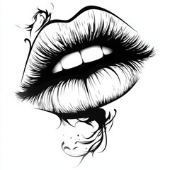 Fototapeta premium Artistic Illustrative Lips, Adorned with Foliage, Black and White, for Beauty and Tattoo Design.