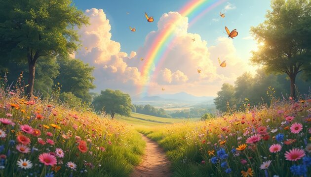 Vibrant meadow path lined with colorful wildflowers leads toward distant hills under bright sky with rainbow, butterflies. Lush trees frame serene, dreamy landscape ideal for fantasy or nature themes.