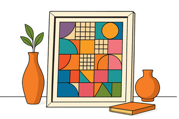 Modern geometric artwork in frame. Still life with vase and plant. Colorful abstract shapes pattern. Vector illustration for interior decor, poster, print, wall art, gallery.
