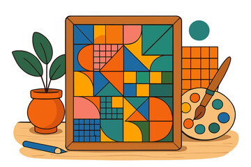 Modern geometric artwork with colorful shapes and grid pattern. Creative process concept with artist tools, palette, brush. Abstract art hobby vector cartoon illustration.