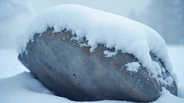 Snow Layers Accumulating on Rock in the Hard Stormy Cold Weather in Winter