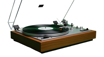 Elegant vintage turntable with green vinyl record in a studio setting showcasing audiophile design