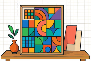 Modern geometric artwork with vibrant colors. Abstract shapes composition. Retro bauhaus style poster in frame for interior decoration. Colorful mosaic pattern vector illustration.