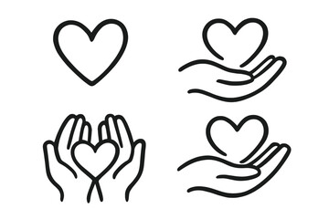 Heart in hand icon collection. Love, care, charity, and donation symbol. Vector outline illustration for health, support, hope, and volunteer work. Kindness concept.