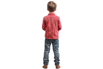 Child standing in a checked shirt against a transparent background, captured in low resolution