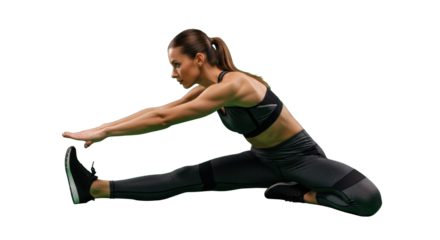 Focused determination: A woman stretching in sportswear against a dark backdrop
