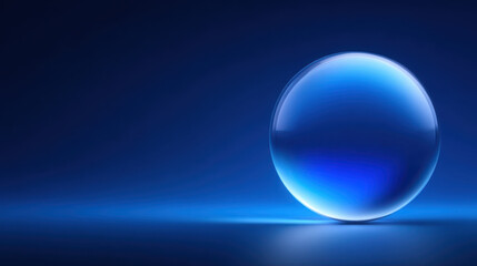 Smooth transparent blue glass sphere glowing softly on dark blue gradient background with reflective light and shadow