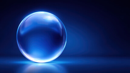 Glowing transparent blue glass sphere with soft reflections on dark blue background creating calm and futuristic atmosphere