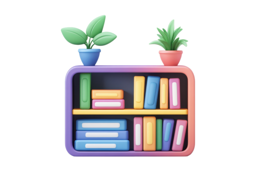 Colorful bookshelf icon with multiple drawers and decorative plants on top in a vibrant design suitable for modern educational spaces