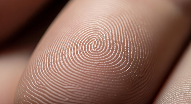 Extreme close-up of a human fingerprint showing the intricate spiral pattern of ridges and valleys.