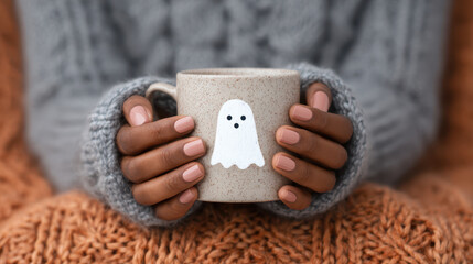 Cozy close up of hands with nude nail polish holding speckled mug featuring white ghost design, wearing gray knitted sweater