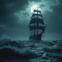 Fototapeta na wymiar Pirate ship sails stormy ocean under full moon. Dark, mysterious vessel navigates rough seas with dramatic clouds. Adventure, history, fantasy illustration for background or design element.