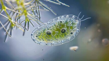 Microscopic view of Paramecium caudatum's asymmetrical body, cilia, and macronucleus, with distinctive caudal tail, amidst blurred aquatic background 