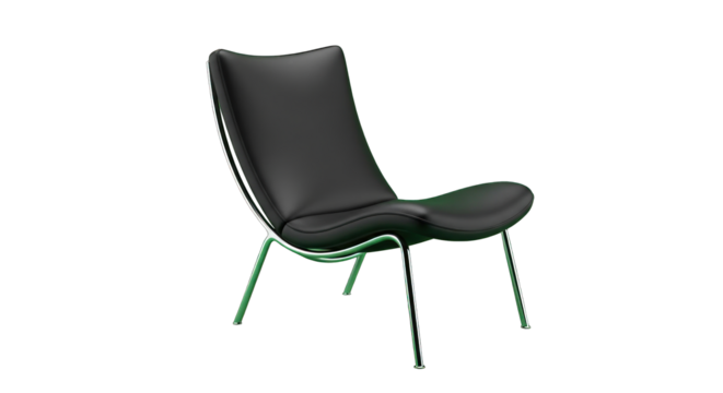 Elegant black leather lounge chair with sleek chrome legs against a dark background