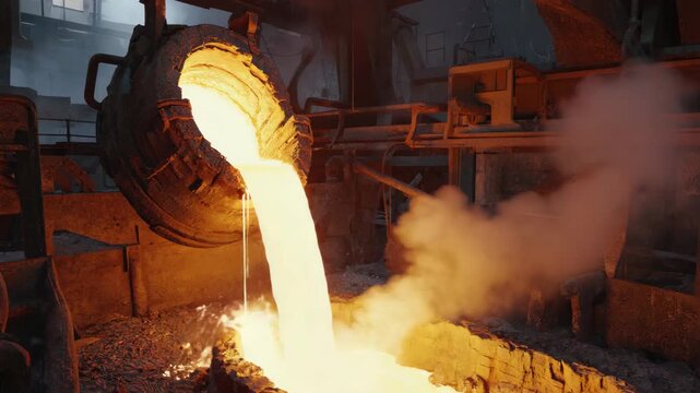 Steel manufacturing processes. Melted metal is poured into a mold to create large, flat slabs.