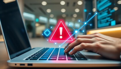 Person's hand using laptop with cybersecurity warning and digital network visualization alert danger