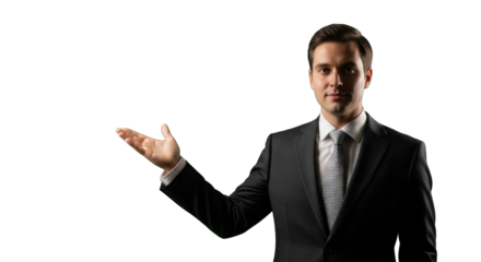 Sophisticated businessman gesturing against a dark backdrop of elegance presentation