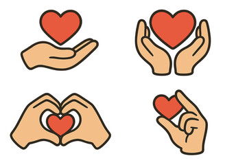 Fototapeta premium Hands with hearts vector icon set. Symbol of love, care, donation, and charity. Concept of kindness, support, health, and relationship. Valentine's day flat cartoon illustration.