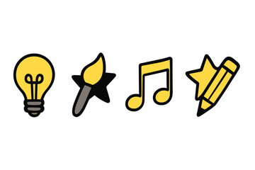 Symbols of creativity and artistic expression with light bulb, paintbrush, music note, and pencil icons featuring contrasting star designs in a minimalist vector cartoon style