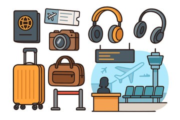 Travel essentials for air journeys with airport elements and luggage at busy terminal, vector cartoon illustration with transparent background, ordered set of airport icons and travel gear
