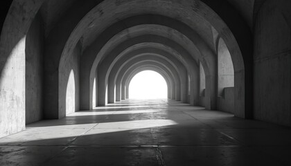 Fototapeta premium Monochrome architectural corridor with repeating arches, dramatic light-shadow contrast. Concrete structure features geometric lines, strong perspective, minimalist aesthetic leading to bright