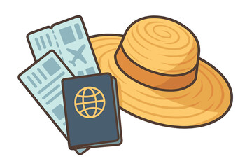 Travel essentials flat lay with airplane tickets, passport, and stylish straw beach hat on light background for vacation planning and summer holiday preparation vector illustration