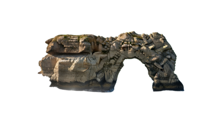 Majestic rock formation with a natural arch carved by time against a stark black void space