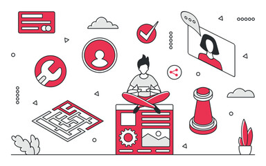 Customer support and online service concept with user, chat, tools, and digital interface elements in red monocolor style, isolated on white background vector illustration