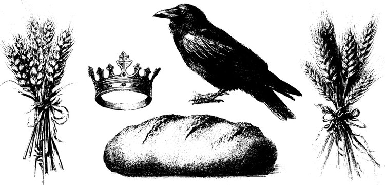 Slavic harvest traditions collection featuring engraved elements of wheat, bread, crown, and raven