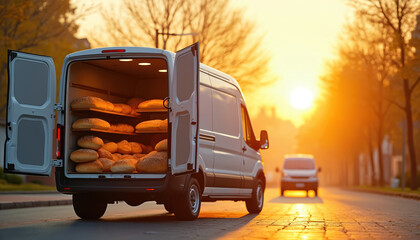 White delivery van with open back doors full of fresh bread loaves parked on suburban street at sunrise. Morning sunlight illuminates parked van, warm glow on baked goods. Another van drives on road.