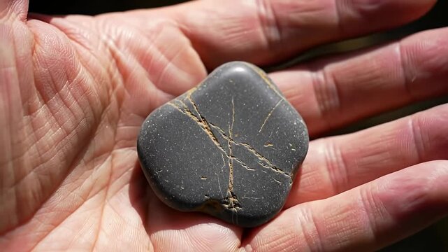 Textured Palm Cradling a Polished Grey Stone with Distinct Cracks