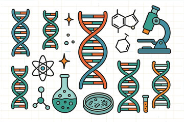 Diverse colorful DNA strands and scientific symbols illustration on notepad background, cartoon style vector, molecular biology, genetics, microscope, chemistry, laboratory elements