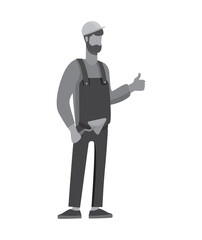 Construction worker in overalls and cap holding trowel giving thumbs up builder approval