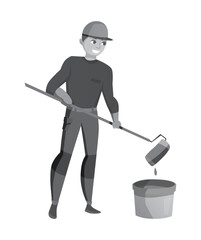 Man in hard hat and work clothes dipping paint roller into bucket painter worker