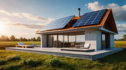 Obraz premium Sustainable house with solar panels on the roof and a beautiful green field