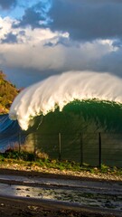 Powerful Wave Crashing on Coastal Road, Dramatic Ocean Scene.