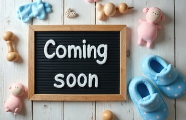 Chalkboard message reads Coming Soon surrounded by baby booties, toys, accessories on wooden surface. Sweet setup announces upcoming arrival, new life, parenthood, joyful expectation for growing