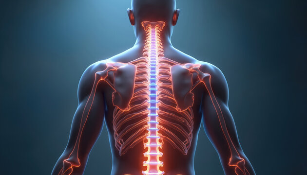 Digital image human anatomy, focusing on back view of spine, skeletal structure. Medical education graphic highlights bone structure, physiology. Visualization excellent for science, health, wellness