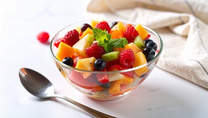 A fresh and colorful fruit salad in a clear glass bowl with berries, mango, kiwi, and a mint garnish.
