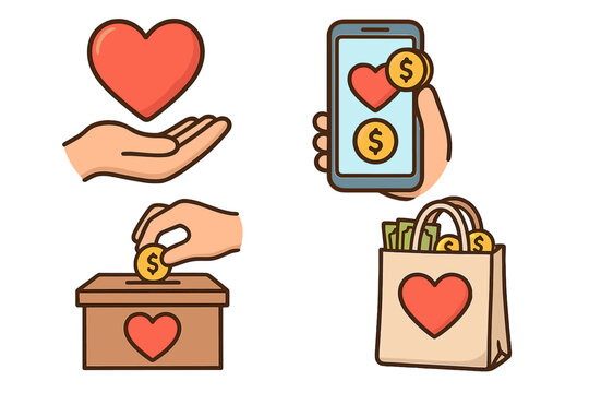 Charitable donations concept with love symbols and various giving methods including hand donation, money box, mobile payment, and shopping bag with cash. Vector cartoon illustration.