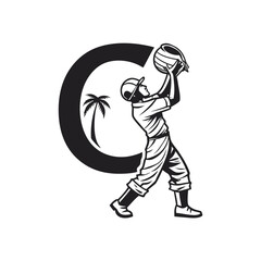 Fototapeta premium Silhouette of a Baseball Player Catching a Ball Framed by Letter C and Palm Tree Illustration with White Background